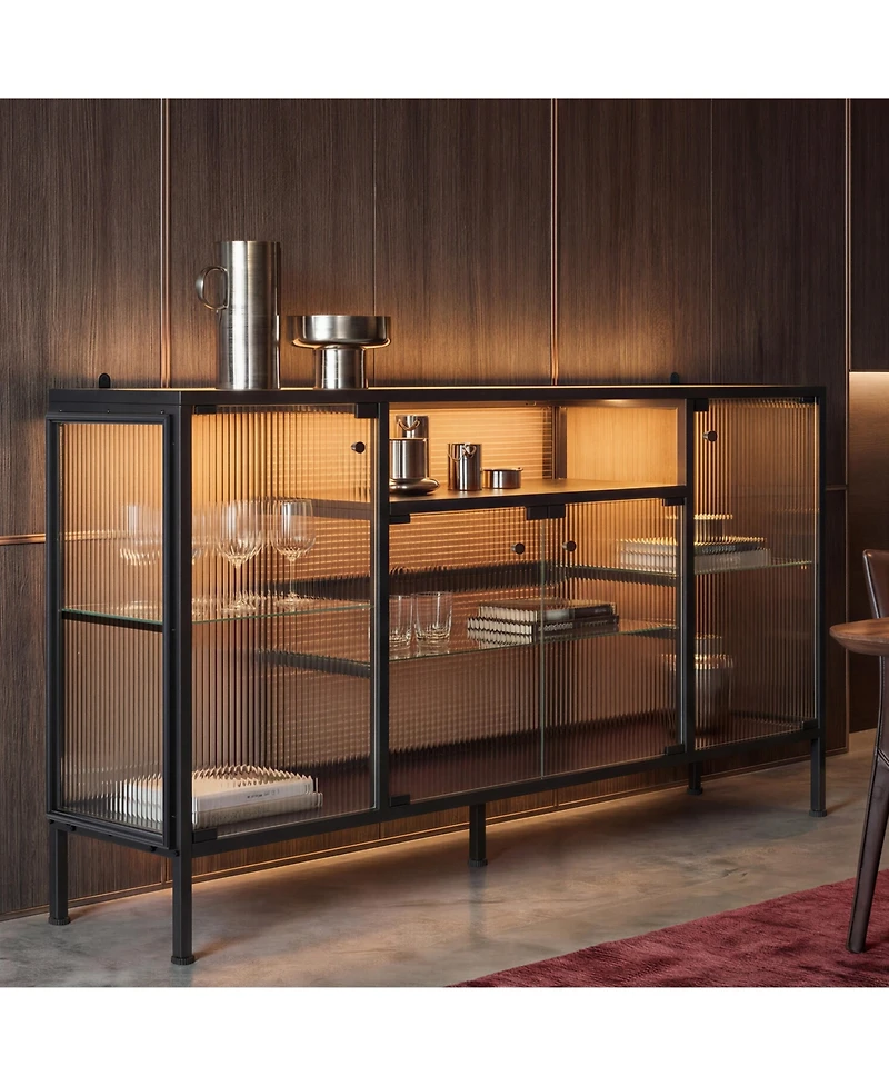 Homsee Modern 4-Door Glass Display Cabinet Led Lighted Bookcase | Media Console | Living Room Storage