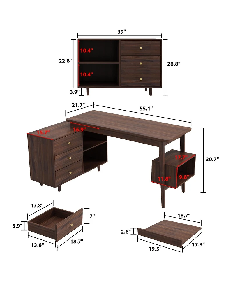Homsee L-Shaped Desk with Storage - 55-Inch Corner Computer Desk with Drawers and Shelves | Adjustable Wood Office Desk in Walnut Finish