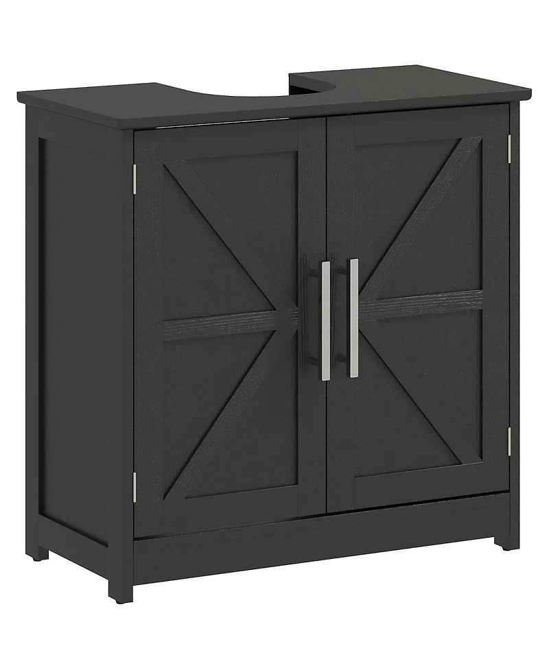 Busdays Farmhouse Distressed Pedestal Sink Cabinet Bathroom Storage with 2 Barn Doors and Adjustable Shelf