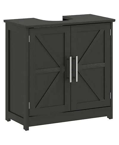 Busdays Farmhouse Distressed Pedestal Sink Cabinet Bathroom Storage with 2 Barn Doors and Adjustable Shelf