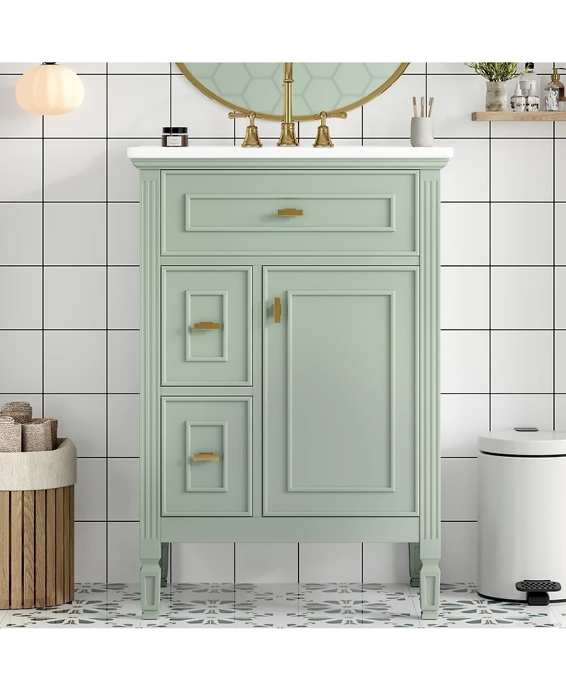 Busdays 24 Inch Freestanding Bathroom Vanity with Sink Solid Wood Mdf Cabinet One Flip Drawer Two Standard Drawers Adjustable Shelf