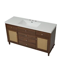 Busdays 60 Inch Bathroom Vanity with Smc Sink Modern Large Storage Soft Close Drawers Rattan Doors Knobs 5 Pine Legs