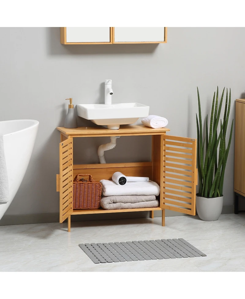 Busdays Bamboo Freestanding Bathroom Sink Cabinet Under Sink Cupboard Organizer with 2 Slatted Doors