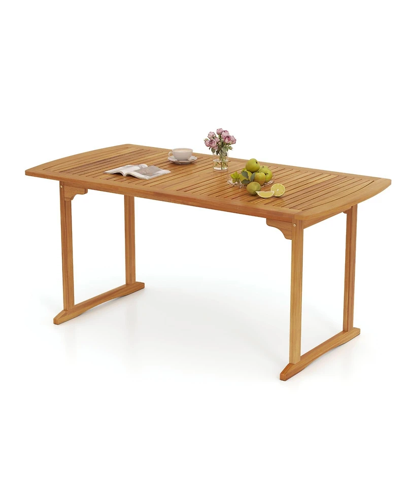 Sugift 63 inch Outdoor Dining Table with Umbrella Hole and Slatted Tabletop