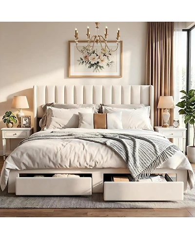 gaomon Upholstered Bed Frame with Storage Drawer, Heavy-Duty Steel Framework and Wooden Slats, Tufted Headboard, No Box Spring