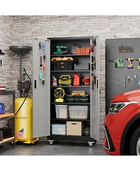 Boyel Living 71 Inch Metal Garage Storage Cabinet with Wheels and Pegboard, Lockable Tool Organizer 5 Adjustable Shelves