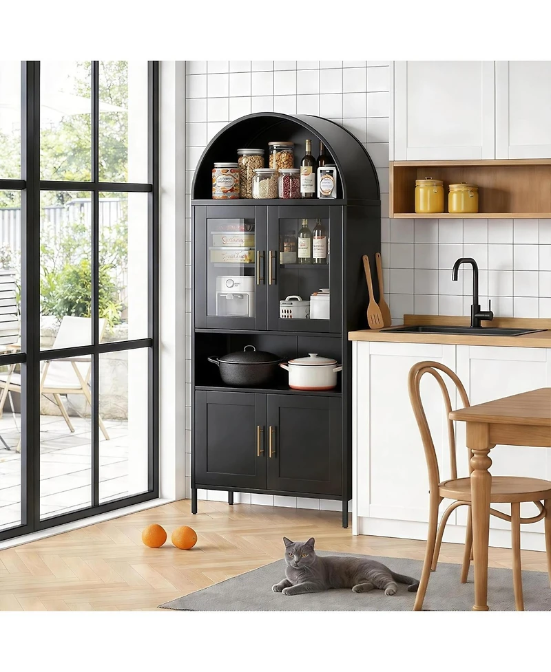 Boyel Living Farmhouse Arched Coffee Bar Cabinet, Metal Pantry Hutch with Glass Doors and Adjustable Shelves