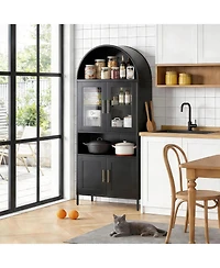 Boyel Living Farmhouse Arched Coffee Bar Cabinet, Metal Pantry Hutch with Glass Doors and Adjustable Shelves