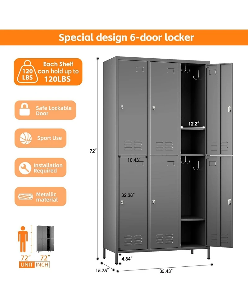 Boyel Living 6-Door Metal Storage Locker with Hooks and Card Holders, Ventilated Employee Cabinet for School Gym Office