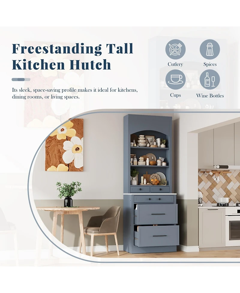 Boyel Living Set of 2 83.7 Inch Tall Kitchen Pantries, Freestanding Hutch with Faux Marble Top, Cabinets 5 Drawers and Adjustable Shelf