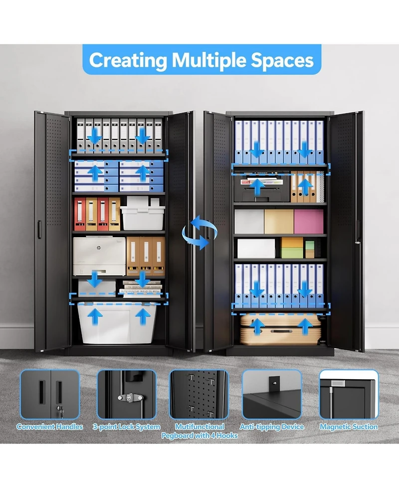 Boyel Living 71 Inch Metal Storage Cabinet with Lock and Pegboard, Tall Garage Organizer with 5 Adjustable Shelves