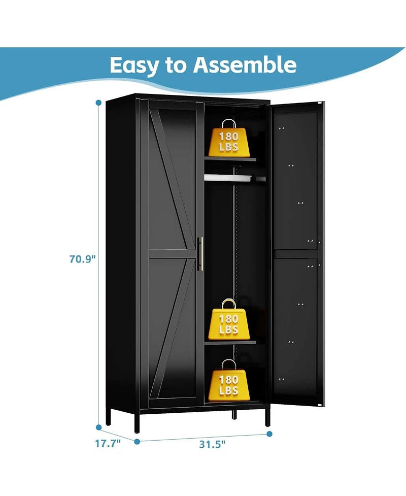 Boyel Living 71 Inch Farmhouse Metal Wardrobe Closet, Tall Armoire Cabinet with Doors and Hanging Rod for Bedroom