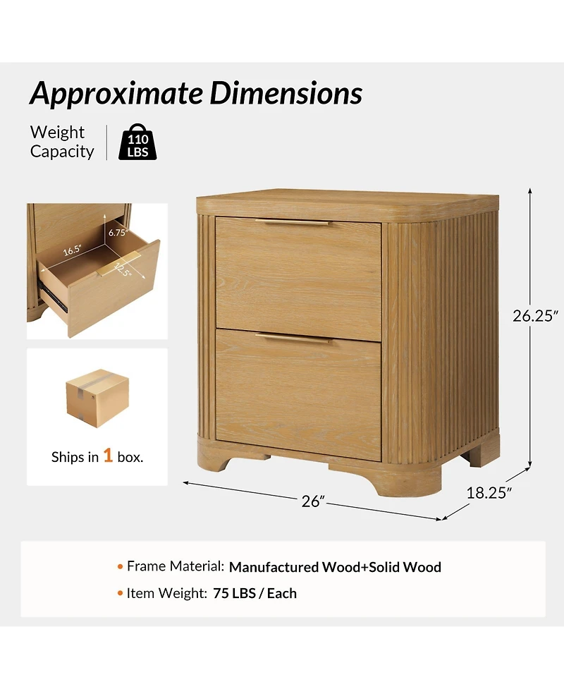 Hulala Home Rosalie 26''W Modern 2-Drawer Fluted End Table with Power Outlet