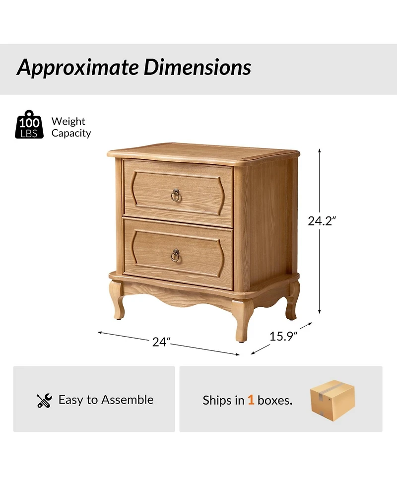 Hulala Home Sara 24"W Traditional 2-Drawer End Table with Charging Station