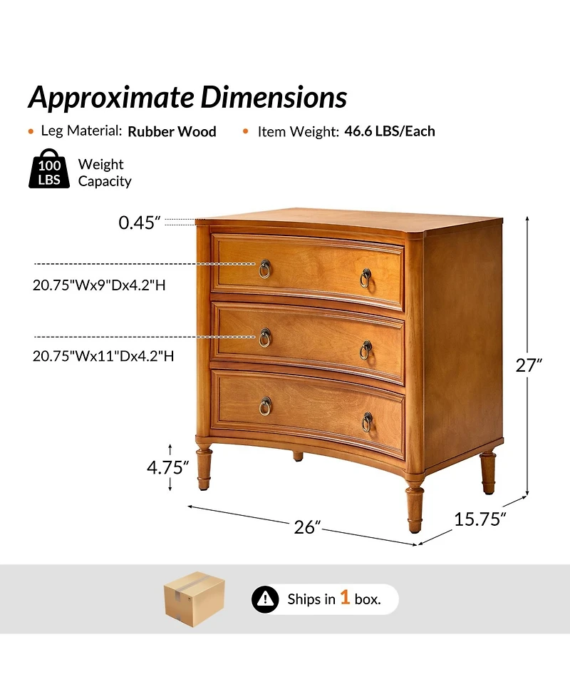 Hulala Home Laurencia 26"W 3-Drawer Curved Silhouette End Table with Built-in Charging Station