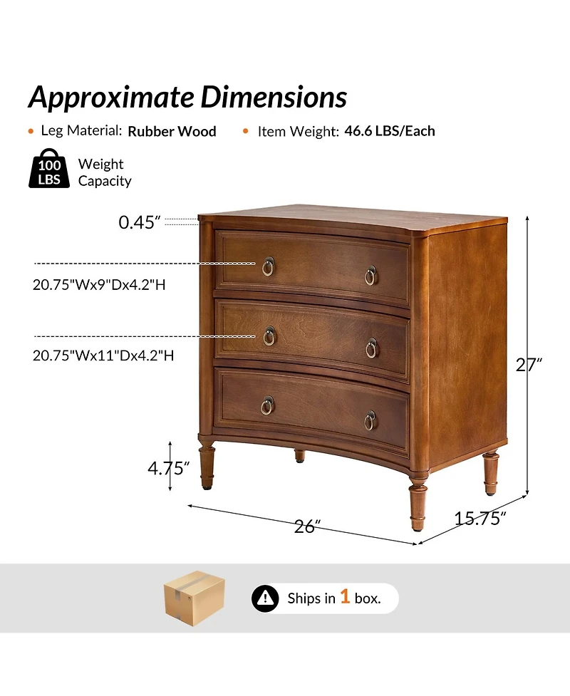 Hulala Home Laurencia 26"W 3-Drawer Curved Silhouette End Table with Built-in Charging Station