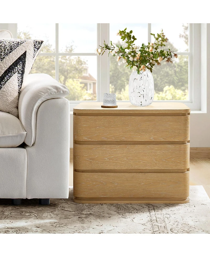 Hulala Home Fay Modern 30"W 3-Drawer Oak Wood End Table with Built-In Power Station
