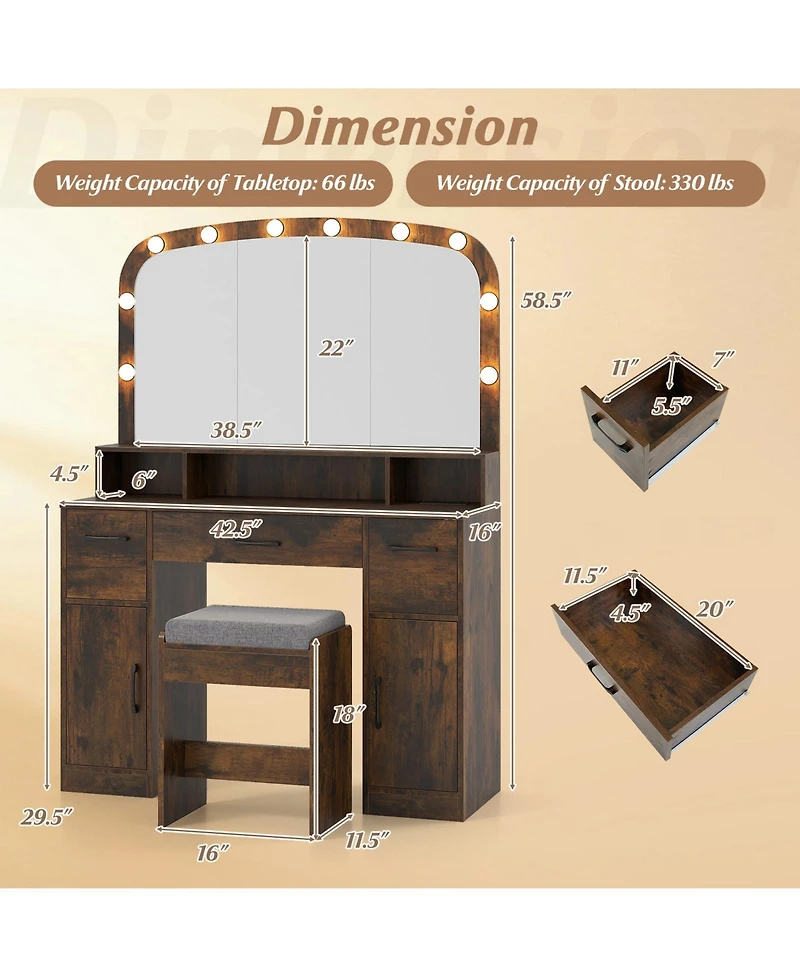 Slickblue 3-Color Light Makeup Desk with Stool and Convenient Charging Station