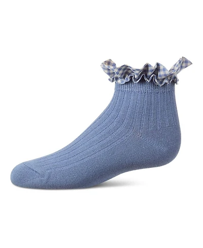 MeMoi Girls Ribbed Cotton-Rich Checkered Ruffle-Trim Ankle Sock
