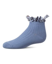 MeMoi Girls Ribbed Cotton-Rich Checkered Ruffle-Trim Ankle Sock