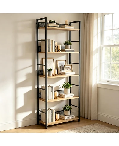 gaomon 5 Tier Bookshelf with Metal Frame and Wood Shelves, Tall Industrial Bookcase Storage Rack for Bedroom Living Room Home Office