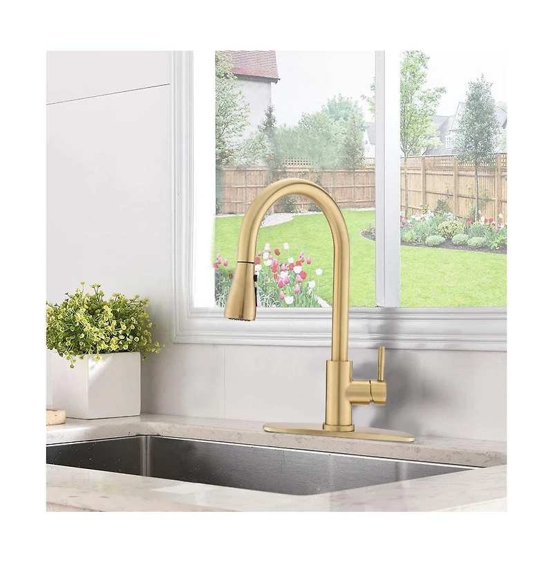 Phying Pull Down Kitchen Faucet with Sprayer Stainless Steel Brushed Gold