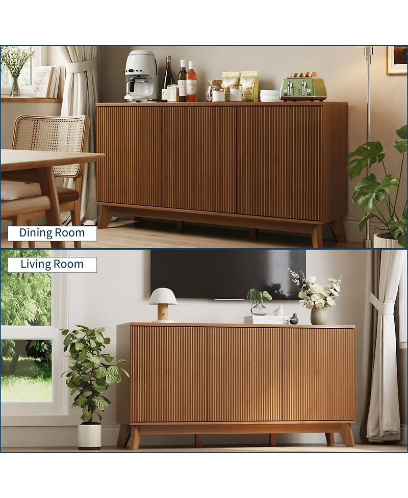 homfan 58 Inch Modern Farmhouse Fluted Wooden Credenza, 3-Door Sideboard Buffet with Adjustable Shelves, Multi-Use Storage Console