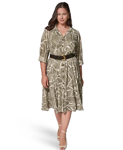 Donna Karan New York Plus Printed 3/4-Length Sleeve Belted Midi Shirtdress