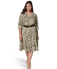 Donna Karan New York Plus Printed 3/4-Length Sleeve Belted Midi Shirtdress