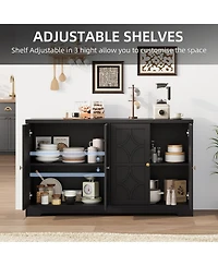 homfan 55 Inch Modern Sideboard Credenza, 4-Door Buffet Cabinet with Adjustable Shelves and Gold Handles for Kitchen, Living Room Entryway