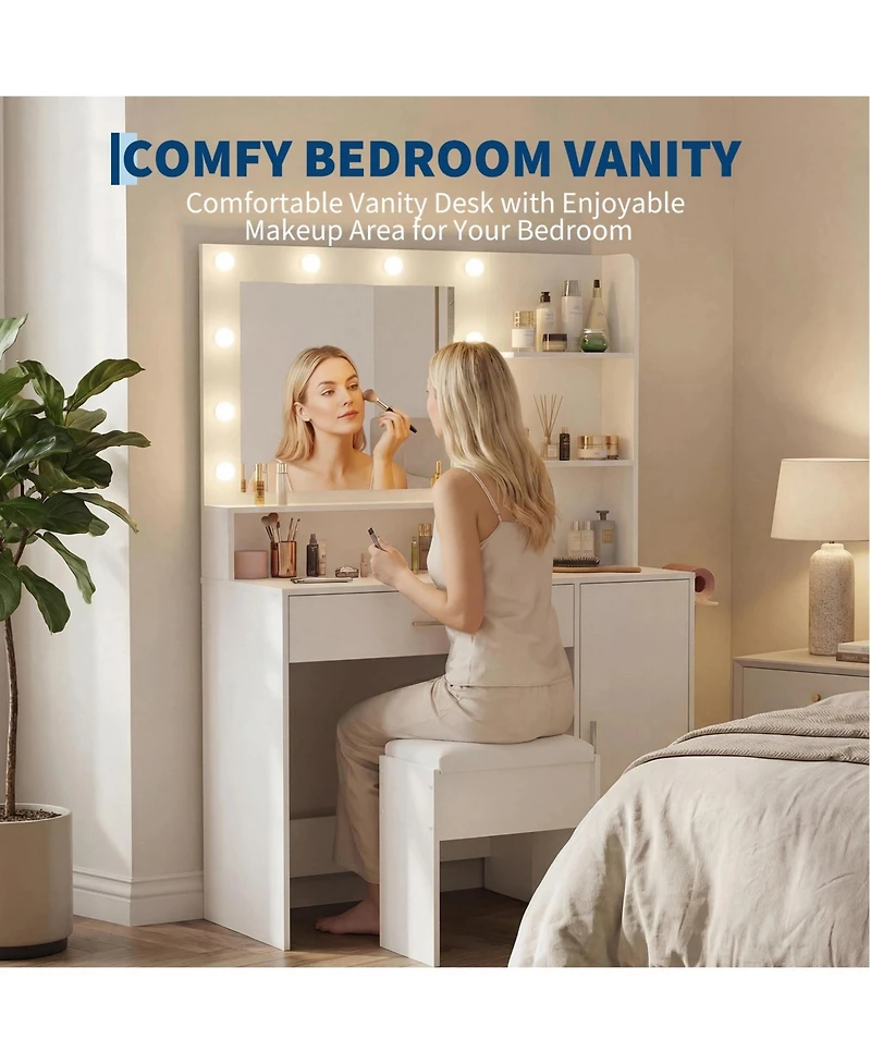 homfan Modern Vanity Desk with Lighted Mirror, 3-Level Adjustable Led, Built-in Drawer Cabinet, Us Power Outlet, Gold Handles, Hair Dryer Holder