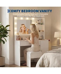homfan Modern Vanity Desk with Lighted Mirror, 3-Level Adjustable Led, Built-in Drawer Cabinet, Us Power Outlet, Gold Handles, Hair Dryer Holder