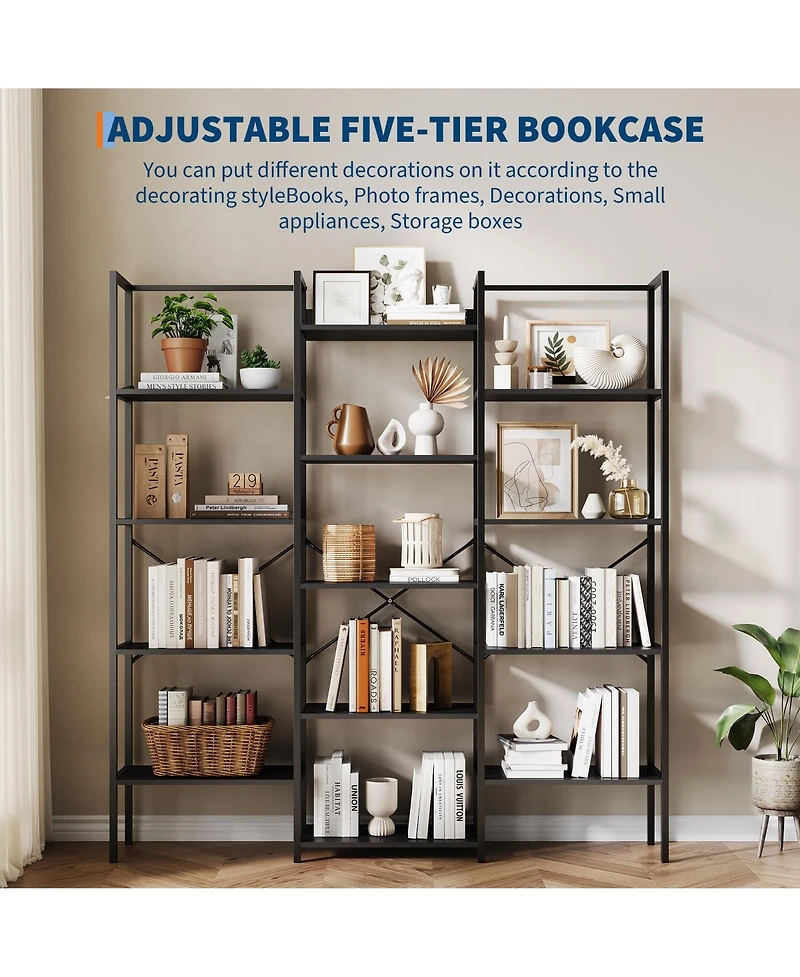 homfan 3-Column 14-Shelf Open Bookshelf, Adjustable Steel Frame Storage Rack with Anti-Tip Bracket, Fast Assembly Home Office Display Organizer