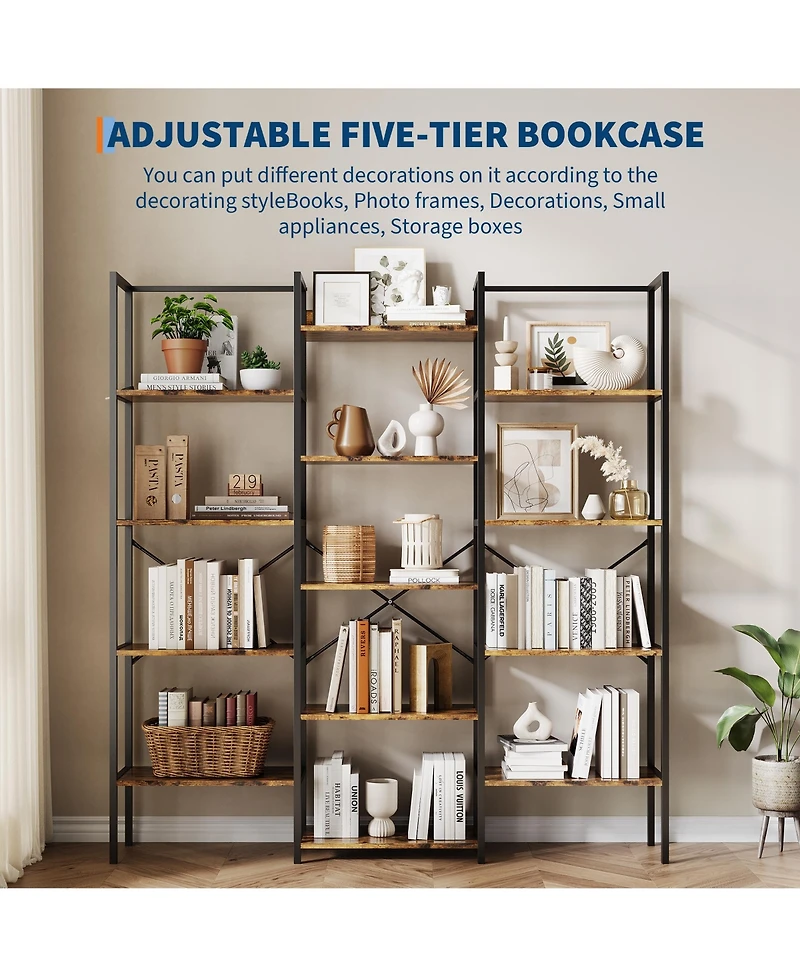 homfan 3-Column 14-Shelf Open Bookshelf, Adjustable Steel Frame Storage Rack with Anti-Tip Bracket, Fast Assembly Home Office Display Organizer