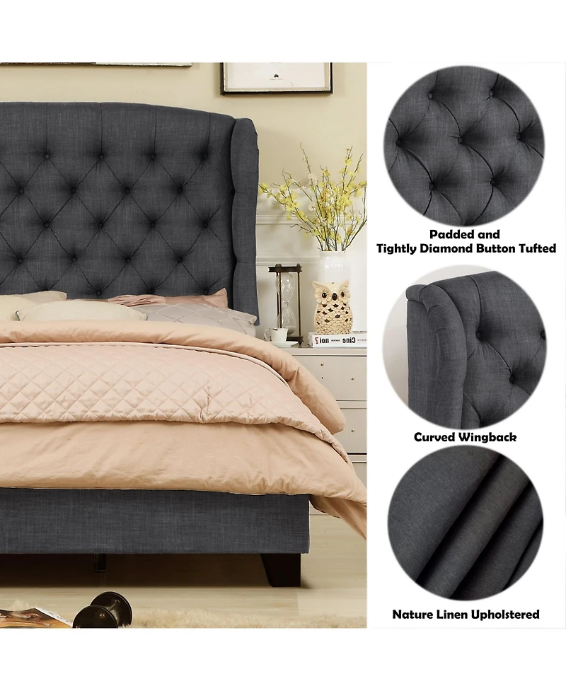 Boyel Living High Back Upholstered Bed Button Tufted Frame with Solid Wood Structure Soft Fabric Headboard