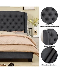 Boyel Living High Back Upholstered Bed Button Tufted Frame with Solid Wood Structure Soft Fabric Headboard