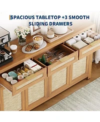 homfan 63 Inch Farmhouse Rattan Sideboard Credenza, Storage Buffet with 3 Drawers, 4 Doors and Adjustable Shelves for Home Organization