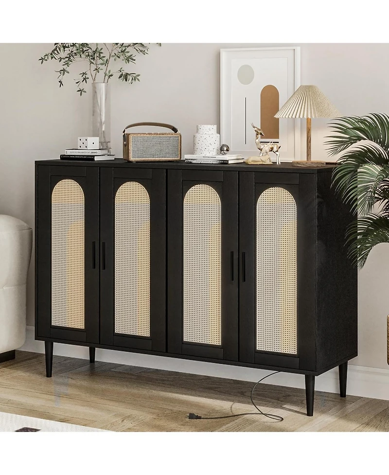homfan Modern Boho Rattan 4-Door Storage Console, Sideboard Buffet with Built-in Power Outlet and Adjustable Shelves for Multi-Room Use