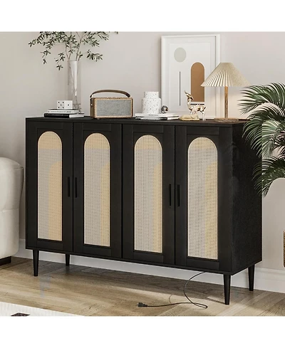 homfan Modern Boho Rattan 4-Door Storage Console, Sideboard Buffet with Built-in Power Outlet and Adjustable Shelves for Multi-Room Use