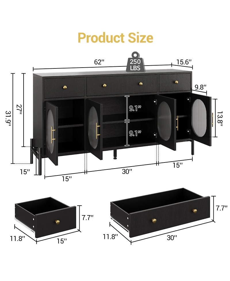 homfan Retro Fluted Acrylic Door Storage Cabinet, Engineered Wood Multi-Functional Sideboard Console with Metal Legs and Anti-Tip Structure