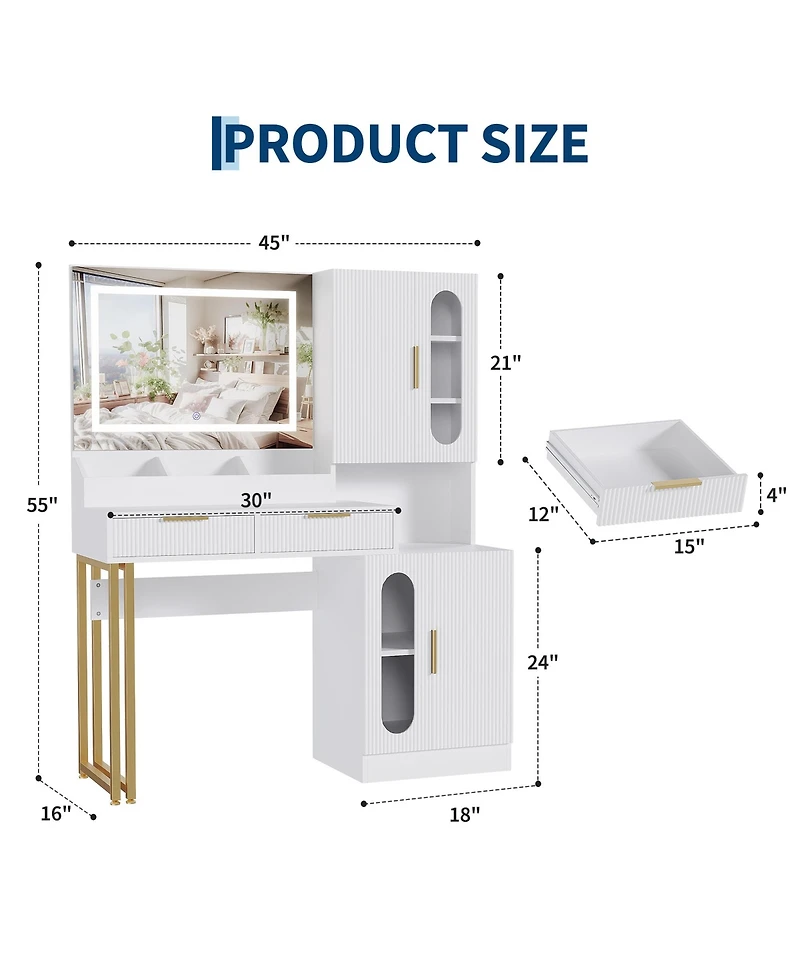 homfan Modern Fluted Vanity Desk with Led Mirror, Charging Station, 2 Drawers and 2 Cabinets, Spacious Wooden Makeup Table for Bedroom or Dorm