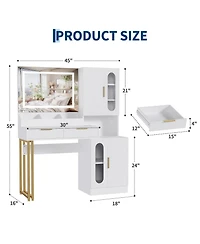 homfan Modern Fluted Vanity Desk with Led Mirror, Charging Station, 2 Drawers and 2 Cabinets, Spacious Wooden Makeup Table for Bedroom or Dorm