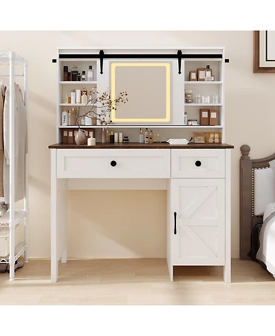 homfan Makeup Vanity Desk with Led Mirror, Charging Station, 3 Drawers, Storage Cabinet, Shelves, Stool - Modern Bedroom Dressing Table for Women