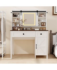 homfan Makeup Vanity Desk with Led Mirror, Charging Station, 3 Drawers, Storage Cabinet, Shelves, Stool - Modern Bedroom Dressing Table for Women