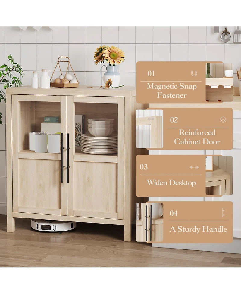homfan Farmhouse Glass Door Sideboard Cabinet, Heavy Duty Engineered Wood Storage Buffet for Dining Room Living