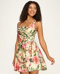 Seni & Cade Juniors' Printed Jacquard Square Neck Corset Drop-Waist Dress
