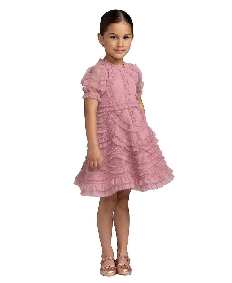 Mac Duggal Big Girls High Neck Puff Sleeve Ruffle Mini Dress