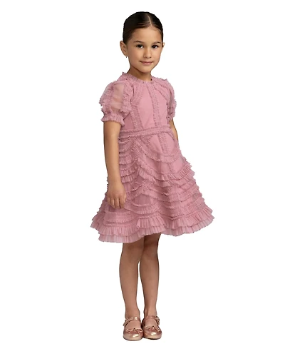 Mac Duggal Big Girls High Neck Puff Sleeve Ruffle Mini Dress