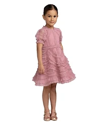 Mac Duggal Big Girls High Neck Puff Sleeve Ruffle Mini Dress