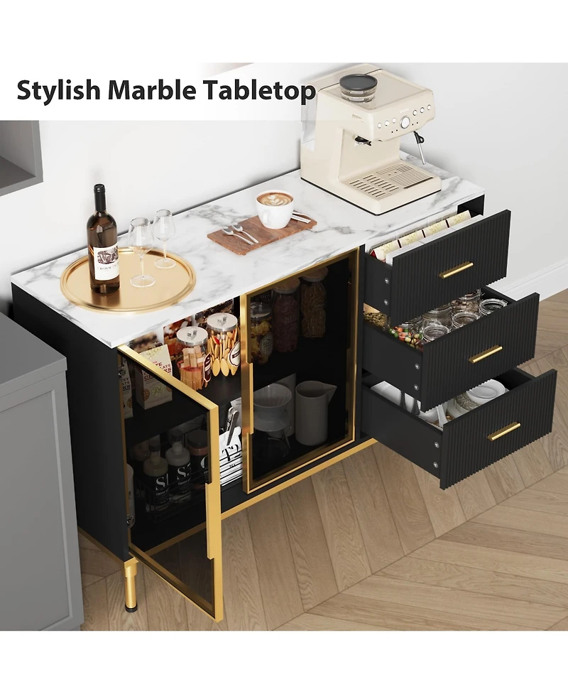homfan Glass Door Side Cabinet with Wave Drawers and Marble Finish, Accent Buffet for Dining Room Living